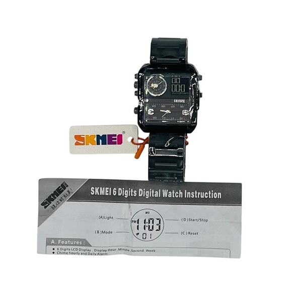 SKMEI 1584 Luxury Digital Movement Watch for Men w/ Three Dials, Black Steel - Picture 6 of 6